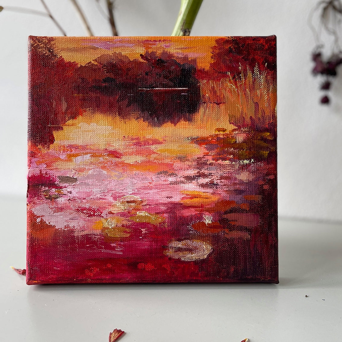 Warm-Summer-Sunset-Lies-Goemans-waterscape-painting-20x20cm-in-atelier