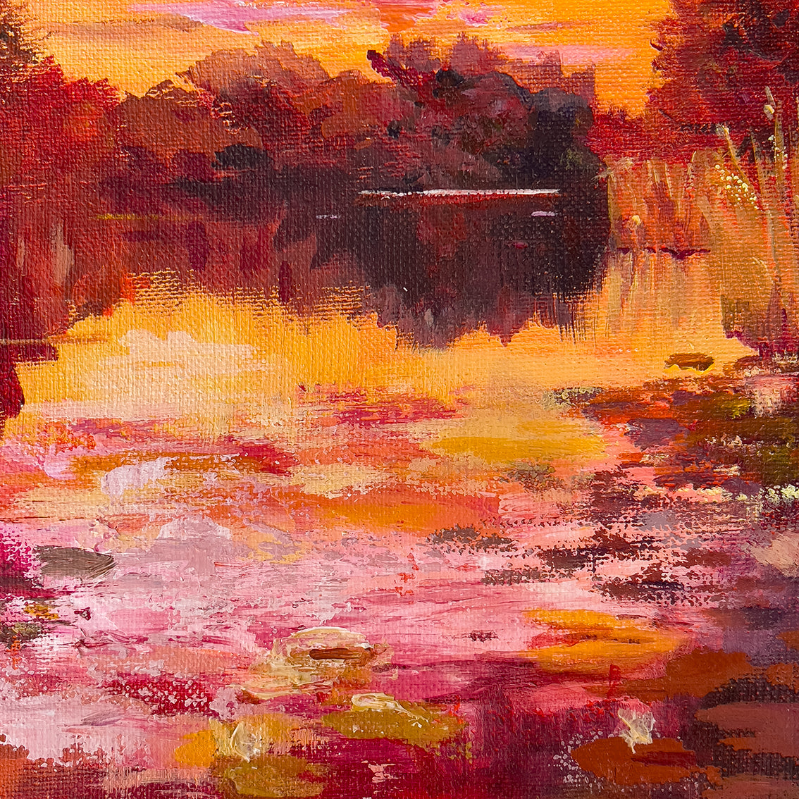 Warm-Summer-Sunset-Lies-Goemans-waterscape-painting-20x20cm-detail