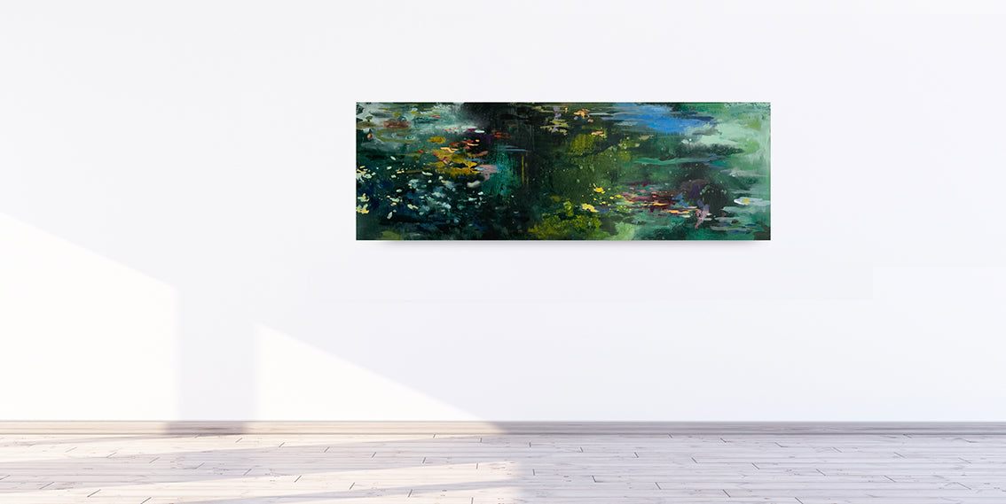 water stories-Dragonfly's Dive-150x50cm-lies-goemans-water painting-gallery-interior.jpg